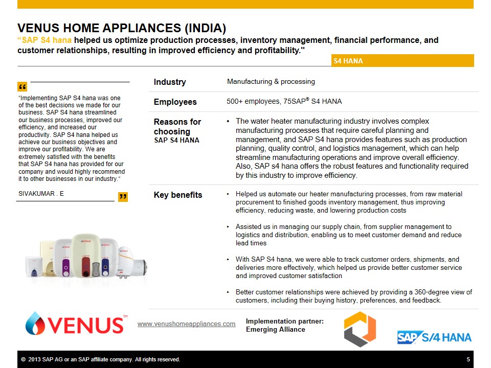 VENUS HOME APPLIANCES Industry gain success with SAP B1