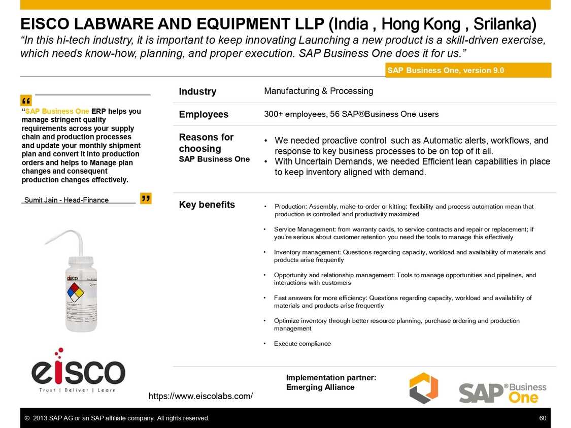 SAP B1 for managing quality control with SAP B1 at Eisco Labware and Equipment LLP