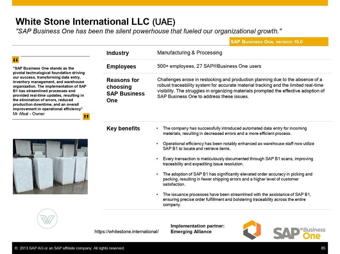 On-Premise SAP B1 growth of White Stone International LLC.