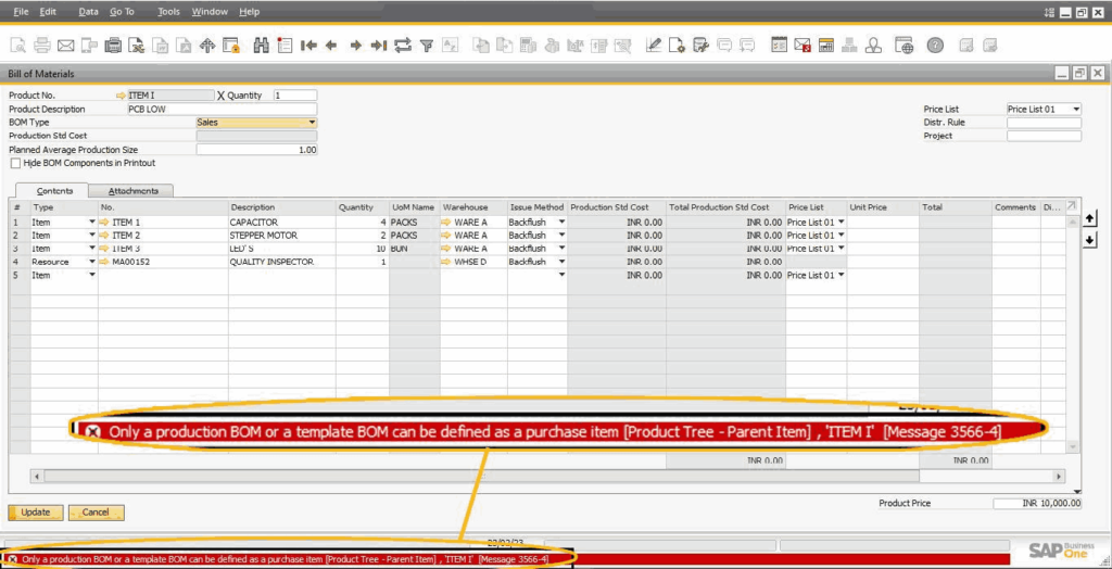 How to Resolve the Only a Production BOM or a Template BOM can be Defined as a Purchase Item Error in SAP B1