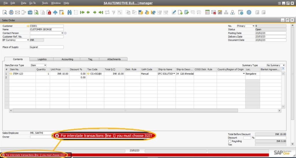 SAP B1 Troubleshooting - Interstate transactions (line 1) you must choose IGST