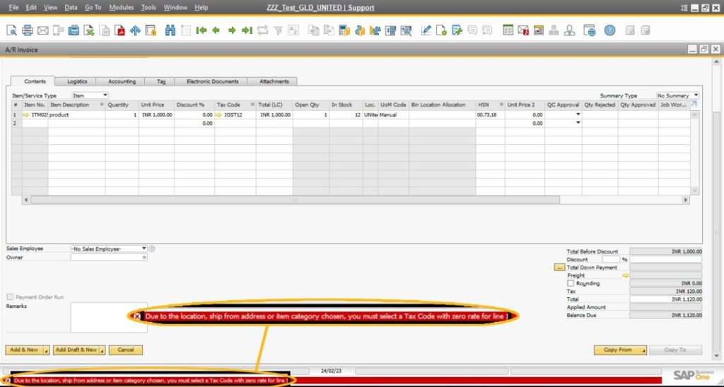 SAP B1 Error: “You Must Select a Tax Code with Zero Rate for Line 1