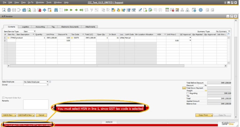 You must select HSN in line 1, since GST tax code is selected.