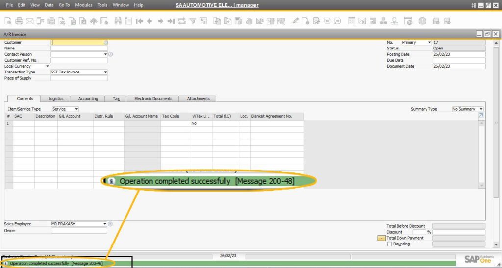 GST tax code is selected; you must select an SAC 
code in line 1