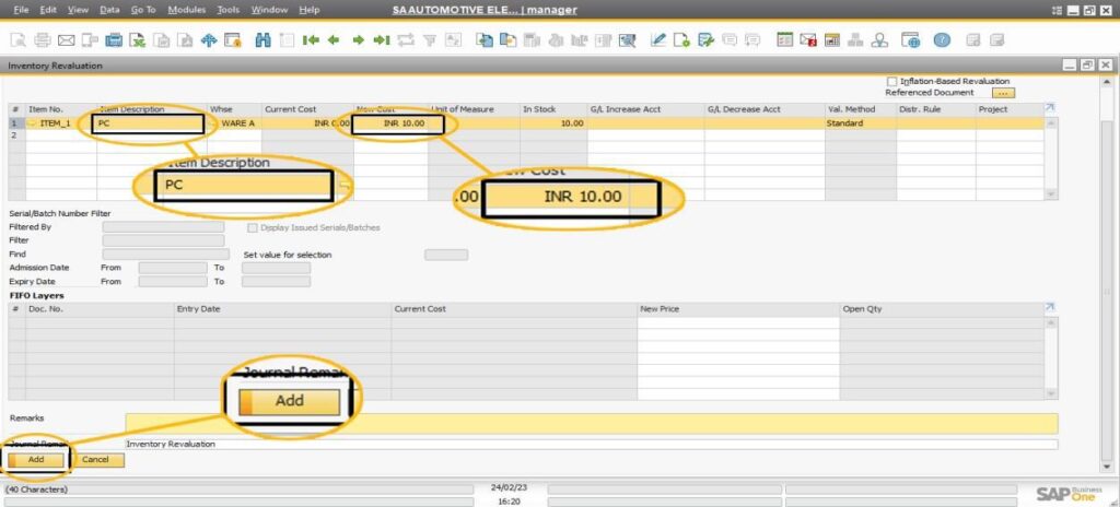 item and input the appropriate cost