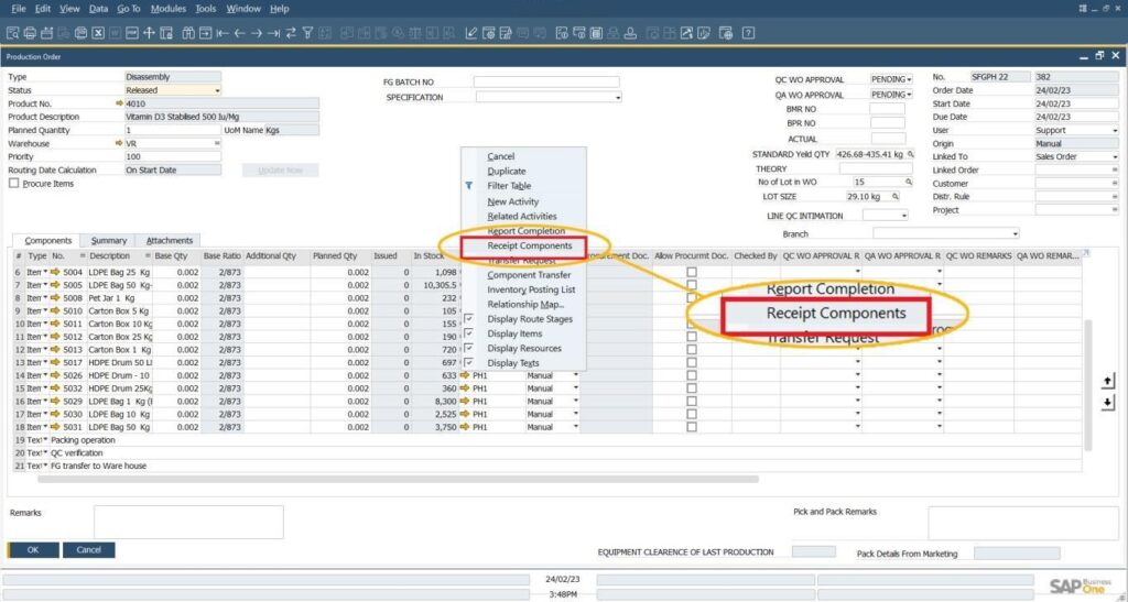  Production Order and Perform a Receipt for Components