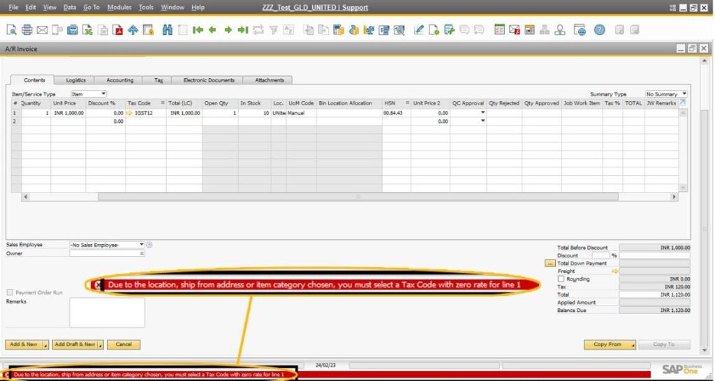 SAP B1 Error: “You Must Select a Tax Code with Zero Rate for Line 1